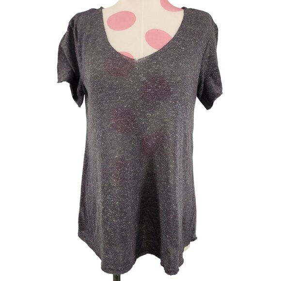 Women's BKE Core Raw Edge Thin Sweater Material Sml Shirt Grey V-Neck Poly/Flax - Picture 1 of 7